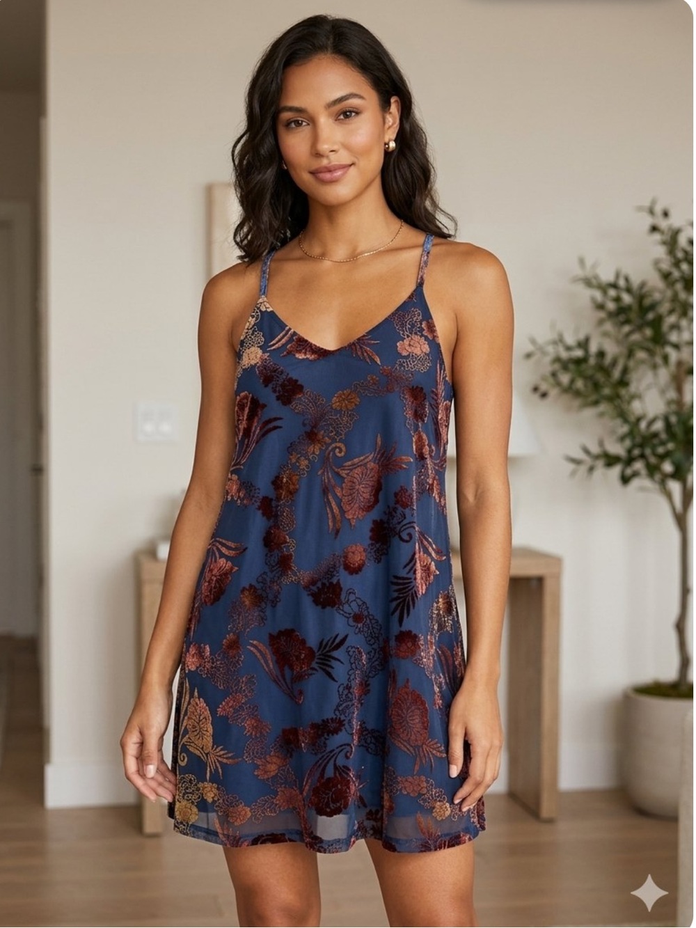 She + Sky Floral Velvet Burnout Slip Dress Mesh Overlay Size Large